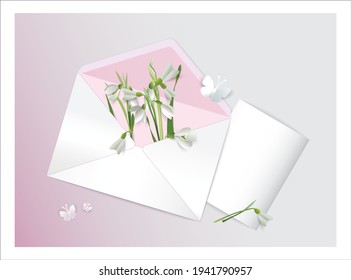 The first spring flowers snowdrops (galanthus) in a mail envelope, a sheet of paper for writing and cut out of paper butterflies. Vector drawing for design of greeting cards, banners, other. 