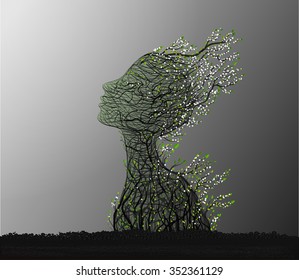 first spring sun, tree rise, tree branch looks like a woman's head stretching her face to the sun, nature icon concept, plant life, surrealism, vector