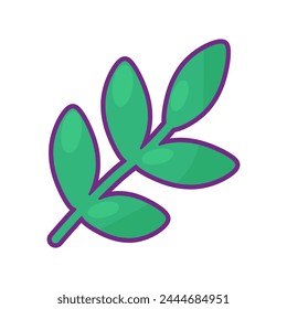 First spring twig with young green leaves in full bloom. Bright minimalistic illustration for design of festive Easter banner. Cartoon vector element in thin stroke isolated on white background