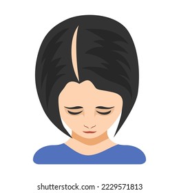 First stage of alopecia in women vector illustration. Top of female head with bald spot on scalp isolated on white background. Health, hair loss or treatment