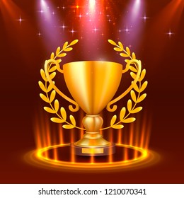First Stage podium with lighting, Stage Podium Scene with for Award Ceremony on red Background, Vector illustration