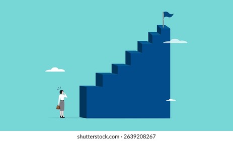 first step is difficult to take, hesitation to initiate an action, the hardest thing in life is always taking the first step, first step is always the hardest, woman with difficult first step stair