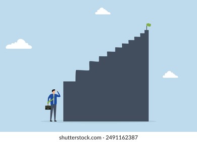 First step is hardest, depressed businessman looking at the first step of high success stairway