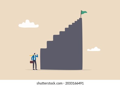 First step is hardest, learning curve or overcome difficulty when start new business, challenge to succeed in work concept, discouraged businessman looking at high steep first step of success stairway