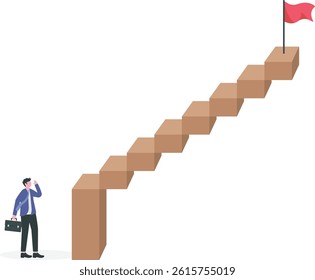 First step is hardest, learning curve or overcome difficulty when start new business, challenge to succeed in work concept, discouraged businessman looking at high steep first step of success stairway
