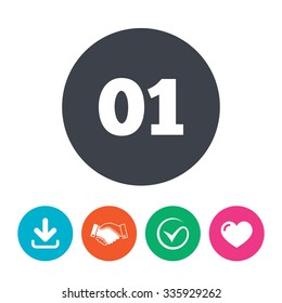 First step sign. Loading process symbol. Step one. Download arrow, handshake, tick and heart. Flat circle buttons.