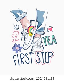 first step slogan with legs in sneakers hand sketch vector illustration
