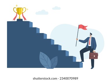 The first step to start, difficult path is the path to beautiful rewards The challenge to goals and starting, Businessman started walking up the stairs in search of a trophy. Vector illustration.