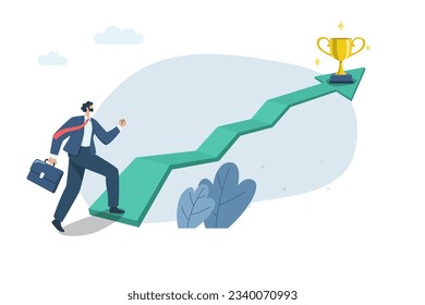 The first step to start, difficult path is the path to beautiful rewards The challenge to goals and starting, Businessman started walking upward arrow to reach target, Vector design illustration.