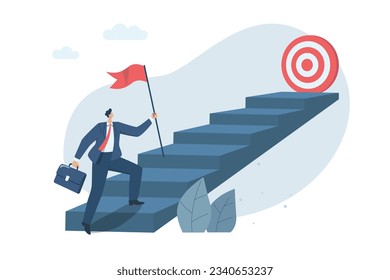 The first step to start, difficult path is the path to beautiful rewards The challenge to goals and starting, Businessman started walking up the stairs in search of a trophy. Vector illustration.