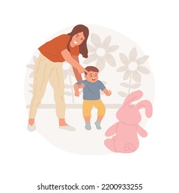 First steps isolated cartoon vector illustration. Child making first steps, parent encouraging showing the toy, toddler physical development, raising children, learn walking vector cartoon.