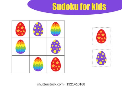 First Sudoku game with easter pictures for children, easy level, education game for kids, preschool worksheet activity, task for the development of logical thinking, vector illustration