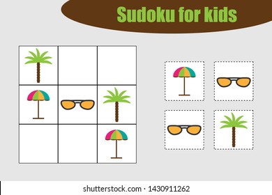 First Sudoku game with summer beach pictures for children, easy level, education game for kids, preschool worksheet activity, task for the development of logical thinking, vector illustration