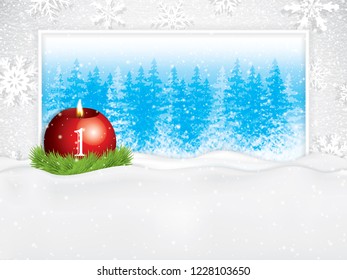 First sunday in advent concept background.Beautiful holiday design with red candle on snowy background, vector illustration