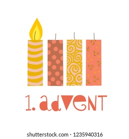 First sunday in advent vector illustration. One burning advent candle. Erster Advent german text. Flat Holiday design with candles on white background. For greeting Holiday card, posters, Christmas