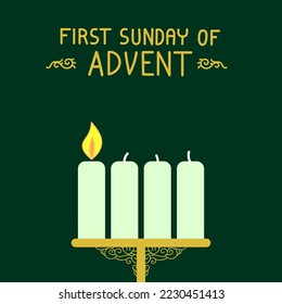 First Sunday Of Advent Vector illustration with candle. Chrismas Social Media Feed Post