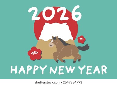 First sunrise, Mt. Fuji, and horse illustration New Year's card design 2026 Year of the Horse