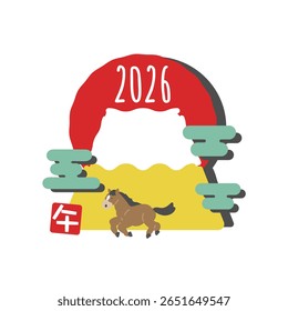 First sunrise, Mt. Fuji, and horse illustration 2026 Illustration Translation: Horse