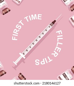 First time filler tips llustration for socialmedia post, templates, cosmetology vector with syringe.