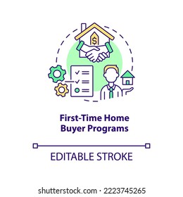 First time home buyer programs concept icon. Downpayment assistance. Homebuying tip abstract idea thin line illustration. Isolated outline drawing. Editable stroke. Arial, Myriad Pro-Bold fonts used