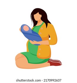 First Time Mother With Newborn Baby Semi Flat Color Vector Characters. Posing Figure. Full Body People On White. Neomama With Kid Imple Cartoon Style Illustration For Web Graphic Design And Animation