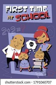 First Time at School Comic Illustration Family, Happy Parents, Angry Kids