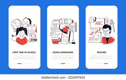 Erstmals in der Schule - Line Design-Banner mit Platz für Text. Hausaufgaben, Lehrer und Schüler, erster September, Rucksack, Bus, Lampe, Notizblock, Bleistift und Schreibwaren, Bücher, Wissen