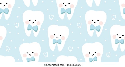 First tooth cute kawaii seamless pattern for kids or baby dentist supplies. Pastel blue and white molar teeth vector stock repeat pattern for poster background.