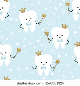 First tooth fairy kawaii seamless pattern for boy party with a teeth characters, a bow tie and a crown. Pastel blue background with stars for tablecloth, fabric, wrapping paper. 