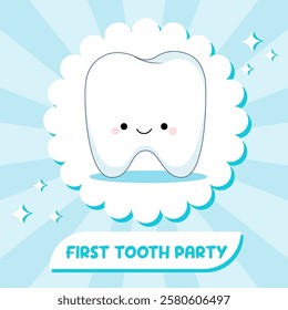 First tooth party for a boy. Invitation template, banner, blue background with cute kawaii tooth