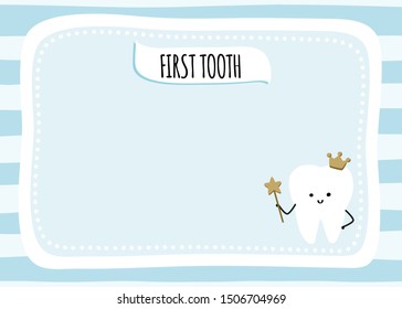 First tooth party invitation for boy with a fairy, magic wand and crown. Blue stripes background and frame with white stars. Smiling kawaii tooth character. 