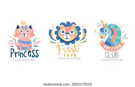 First Toys Creative Logo Design Set, Kids Club Brand Identity Badges Cartoon Vector Illustration