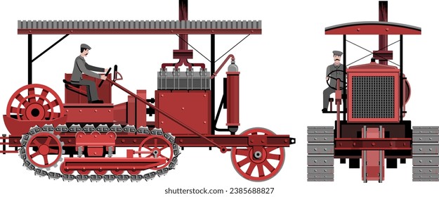 First tractor, vector image of a red old tractor, crawler retro tractor, side and front view