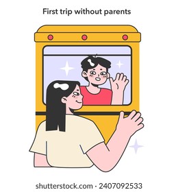 First trip without parents. Boy waving to his mother at the train station. Teenager years life milestones. Teen boy getting old and gain new experience. Flat vector illustration