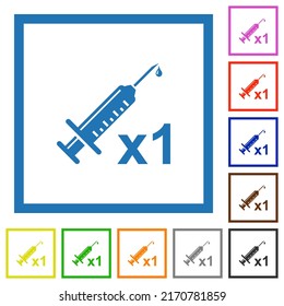 First vaccine dose flat color icons in square frames on white background