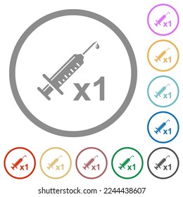 Primera dosis de vacuna iconos de color plano en contornos redondos sobre fondo blanco