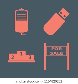 first vector icons set. with flash driver, sale sign, winners podium and drop counter in set