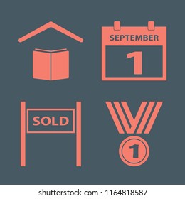 first vector icons set. with school, medal, first september calendar and sold house in set