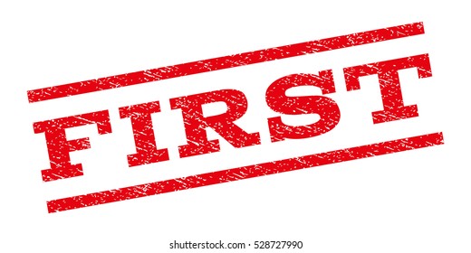 First watermark stamp. Text tag between parallel lines with grunge design style. Rubber seal stamp with dust texture. Vector red color ink imprint on a white background.