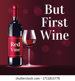 But first wine realistic vector product ads poster template. Red wine bottle 3d mock up design on glitch background. Premium alcohol tasting advertisement printable flyer, brochure with typography