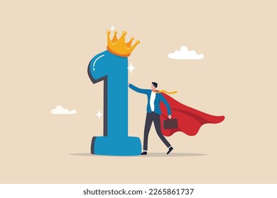 First winner achievement, success or business victory, award winning celebration or best employee of the month, triumph concept, success businessman superhero stand with 1st place award with crown.