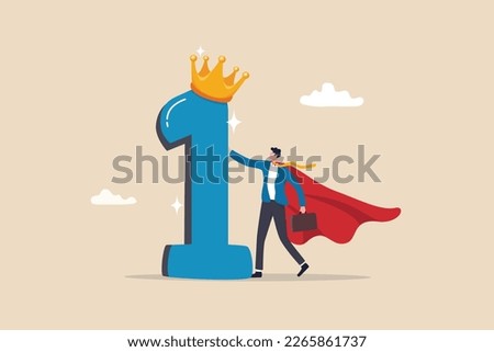 First winner achievement, success or business victory, award winning celebration or best employee of the month, triumph concept, success businessman superhero stand with 1st place award with crown.