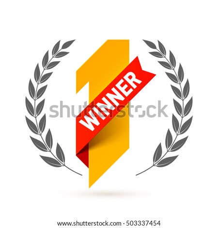 First winner, number one illustration with red ribbon and laurel wreath. Vector.