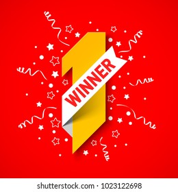 First winner, first place banner. Number one illustration with white ribbon, confetti and party streamers on red background, vector illustration