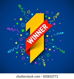 First winner, first place. Number one illustration with red ribbon and confetti. Vector illustration.