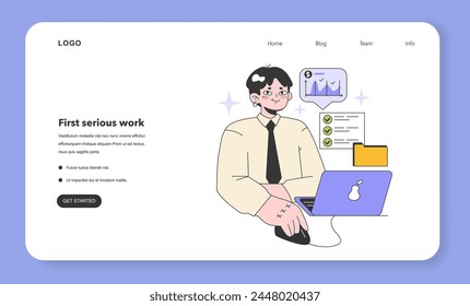 First work web banner or landing page. Career development. Youth and adulthood years. Life milestones. Young male character getting old and gain professional experience. Flat vector illustration