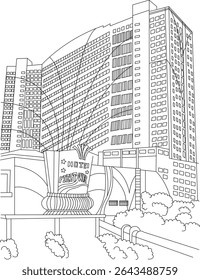 First World Hotel Genting Highlands Line Art, Simple black and white line drawing of the iconic First World Hotel at Genting Highlands, Malaysia. Ideal for coloring pages or minimalist design.