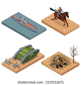 First world war equipment and soldiers isometric composition isolated vector illustration