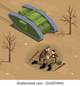 First world war isometric composition with armored tank and infantry in entrenchment vector illustration