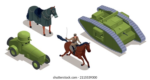 First World War Military Vehicles And Cavalry Isometric Set Isolated Vector Illustration